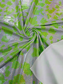 Spandex Cow Print Design - Lime Green - Holographic Print Poly Spandex Fabric 4 Way Stretch - 60” Sold By Yard