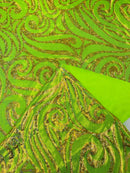 Tribal Swirl Design Spandex - Lime Green - 4 Way Stretch Milliskin Holographic Fabric by Yard