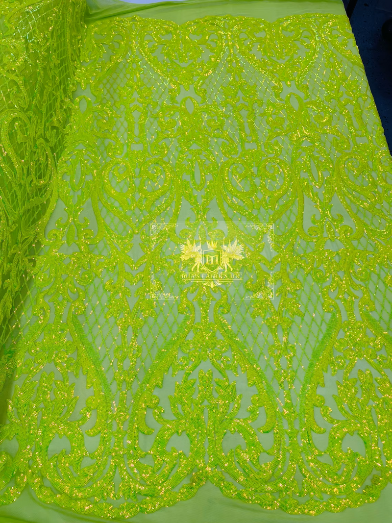 Heart Shape Sequins Fabric - Lime Green  - 4 Way Stretch Sequins Damask Fabric By Yard