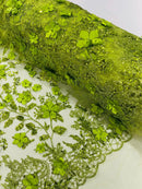 3D Glitter Floral Fabric - Lime Green - Glitter Sequin Flower Design on Lace Mesh Fabric by Yard
