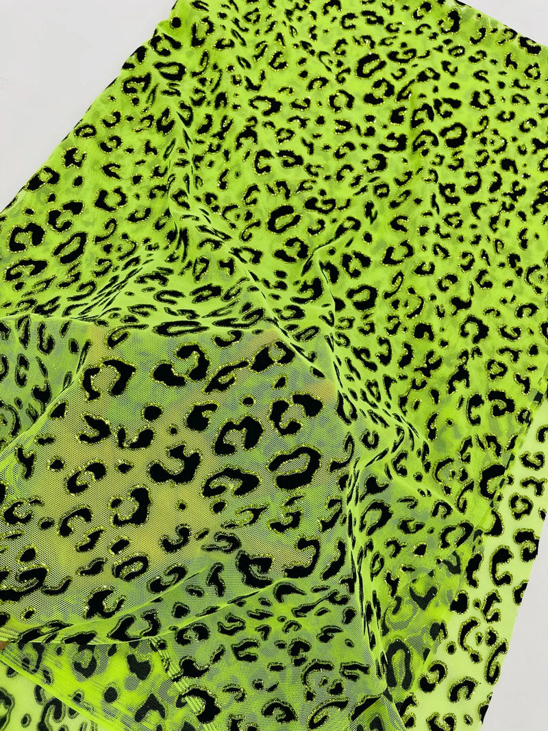 Cheetah Print Power Mesh Fabric - Lime Green - 4 Way Stretch Glitter Cheetah Design Power Mesh Fabric by Yard