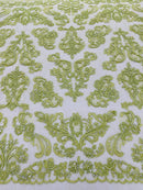 My Lady Beaded Fabric - Lime Green - Damask Beaded Sequins Embroidered Fabric By Yard