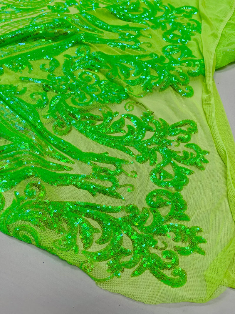 Big Damask Sequins - Lime Green Iridescent - Damask Sequin Design on 4 Way Stretch Fabric By Yard