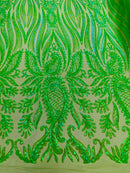 Paisley Lines Sequin Fabric - Lime Green - 4 Way Stretch Fancy Fabric By The Yard