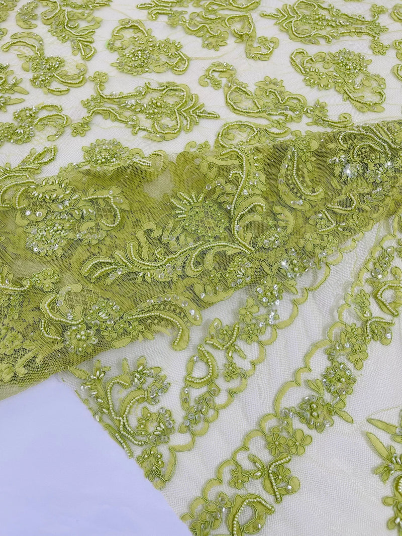 My Lady Beaded Fabric - Lime Green - Damask Beaded Sequins Embroidered Fabric By Yard
