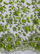 3D Glitter Floral Fabric - Lime Green - Glitter Sequin Flower Design on Lace Mesh Fabric by Yard
