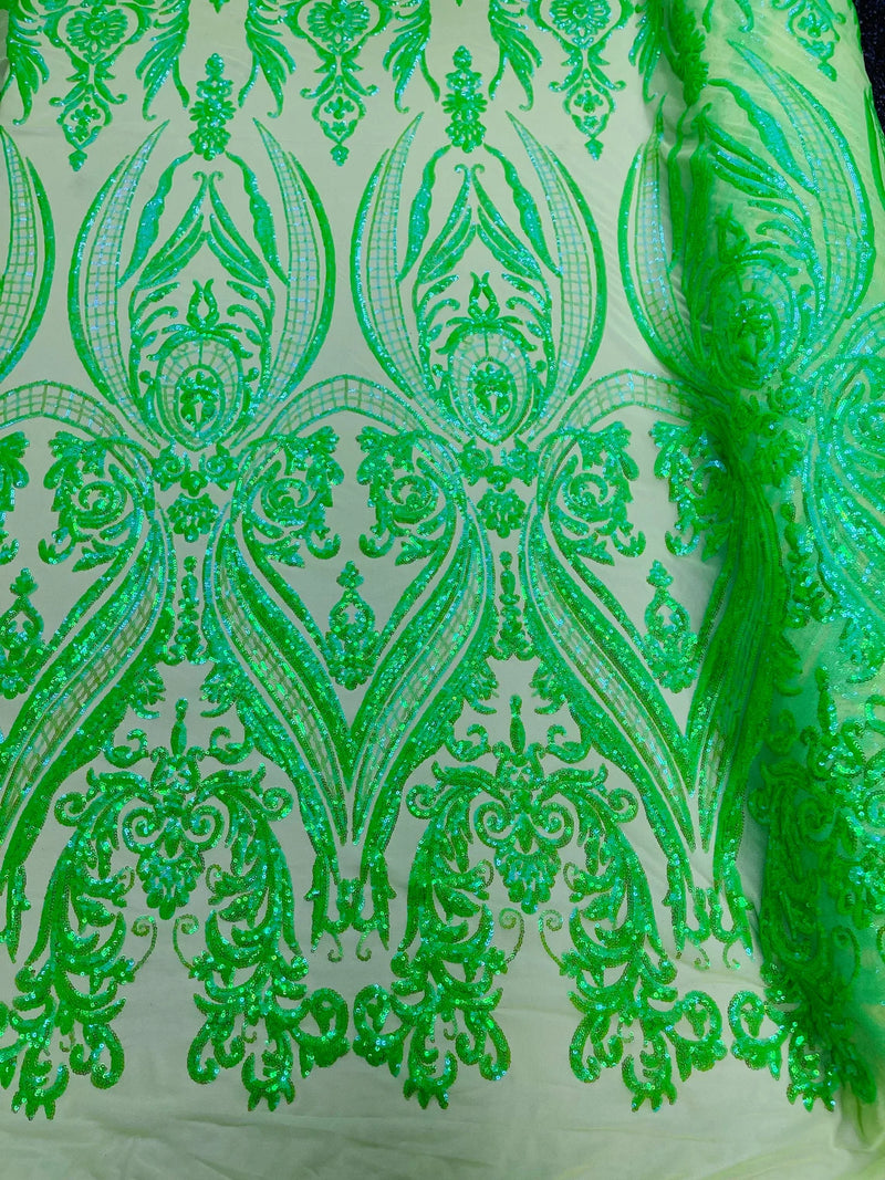 Big Damask Sequins - Lime Green Iridescent - Damask Sequin Design on 4 Way Stretch Fabric By Yard