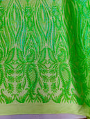 Paisley Lines Sequin Fabric - Lime Green - 4 Way Stretch Fancy Fabric By The Yard