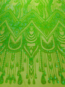 Zig Zag Tear Drop Sequins - Lime Green - Embroidered Zig Zag Sequins 4 Way Stretch By Yard