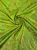 Tribal Swirl Design Spandex - Lime Green - 4 Way Stretch Milliskin Holographic Fabric by Yard