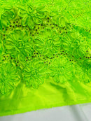 Sequins Satin Rosette Fabric - Lime Green - 3D Satin Rose Sequins Floral Fabric Sold By The Yard