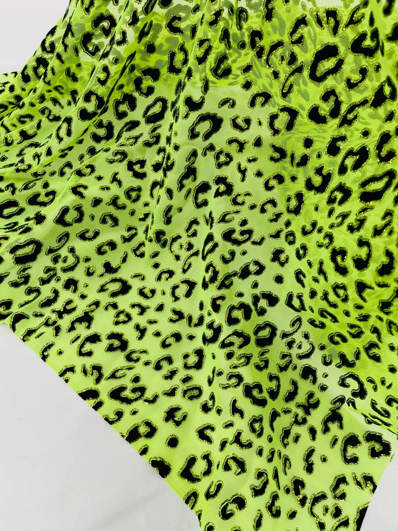 Cheetah Print Power Mesh Fabric - Lime Green - 4 Way Stretch Glitter Cheetah Design Power Mesh Fabric by Yard