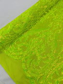 Heart Shape Sequins Fabric - Lime Green  - 4 Way Stretch Sequins Damask Fabric By Yard