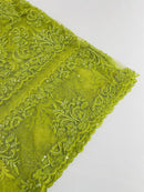 My Lady Beaded Fabric - Lime Green - Damask Beaded Sequins Embroidered Fabric By Yard
