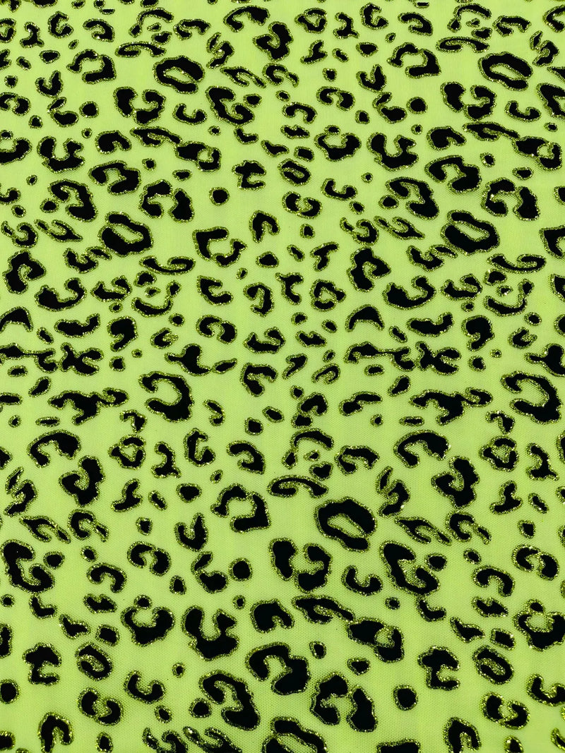 Cheetah Print Power Mesh Fabric - Lime Green - 4 Way Stretch Glitter Cheetah Design Power Mesh Fabric by Yard