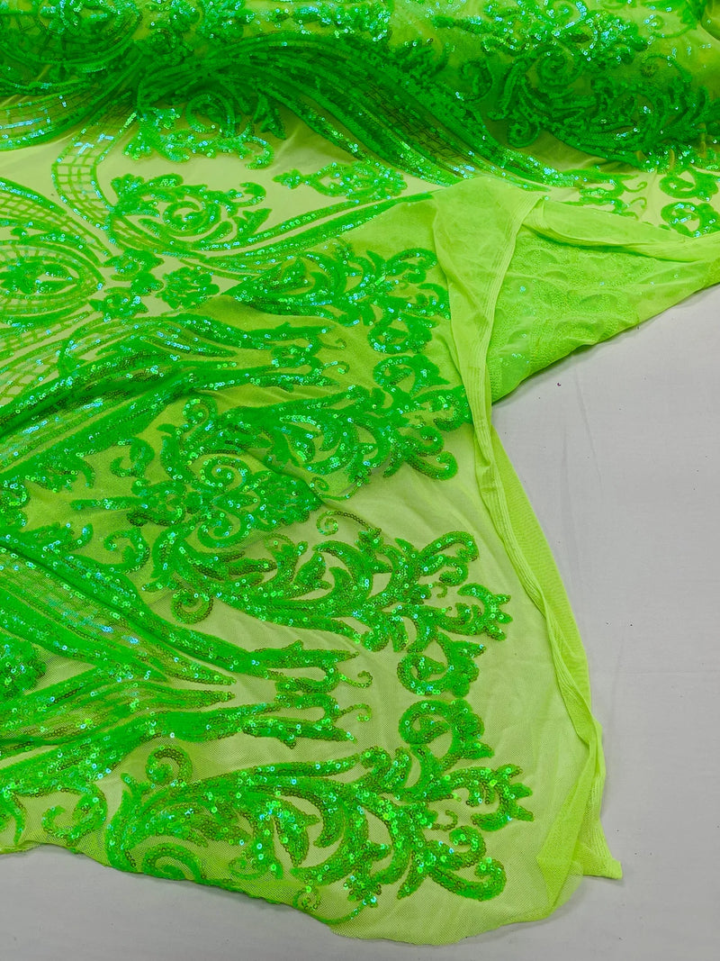 Big Damask Sequins - Lime Green Iridescent - Damask Sequin Design on 4 Way Stretch Fabric By Yard