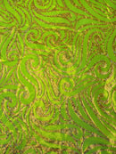 Tribal Swirl Design Spandex - Lime Green - 4 Way Stretch Milliskin Holographic Fabric by Yard
