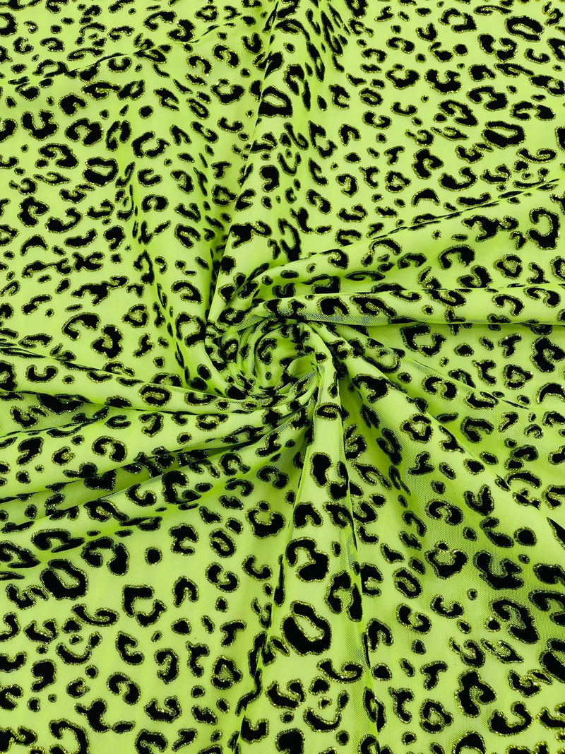 Cheetah Print Power Mesh Fabric - Lime Green - 4 Way Stretch Glitter Cheetah Design Power Mesh Fabric by Yard