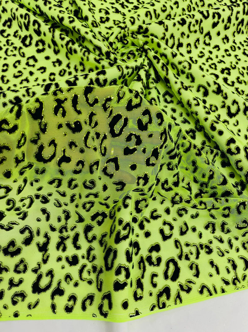 Cheetah Print Power Mesh Fabric - Lime Green - 4 Way Stretch Glitter Cheetah Design Power Mesh Fabric by Yard