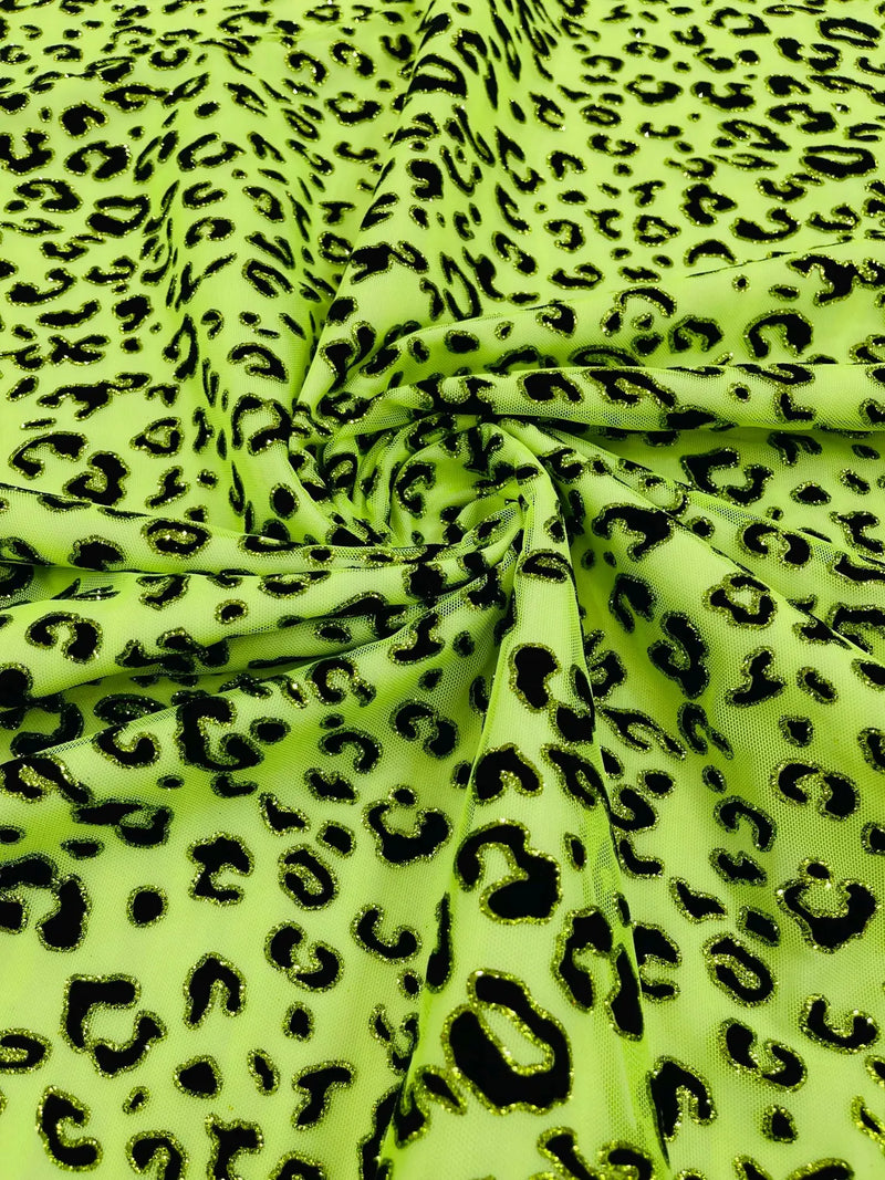 Cheetah Print Power Mesh Fabric - Lime Green - 4 Way Stretch Glitter Cheetah Design Power Mesh Fabric by Yard