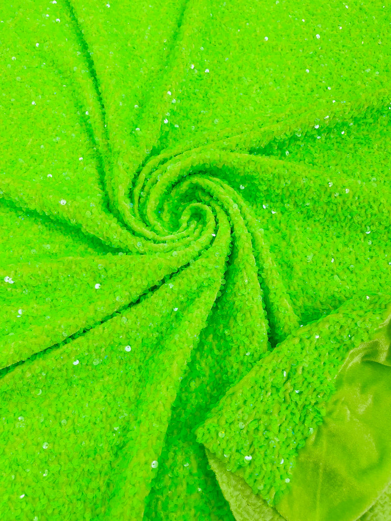58/60" Velvet Sequins Stretch Fabric - Lime Green Hologram - Velvet Sequins 2 Way Stretch Sold By Yard
