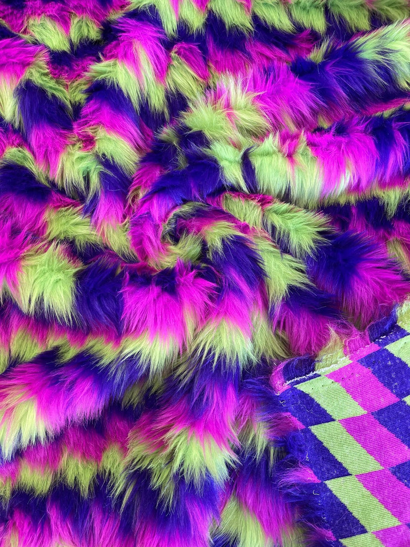 60" Zig Zag Faux Fur - Lime Green / Purple / Hot Pink - Three Tone Soft Faux Fur Fabric By Yard