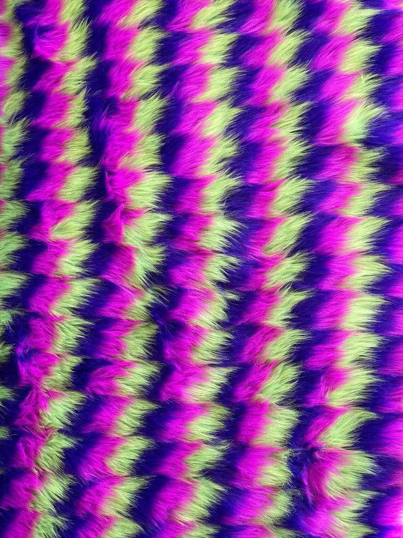 60" Zig Zag Faux Fur - Lime Green / Purple / Hot Pink - Three Tone Soft Faux Fur Fabric By Yard