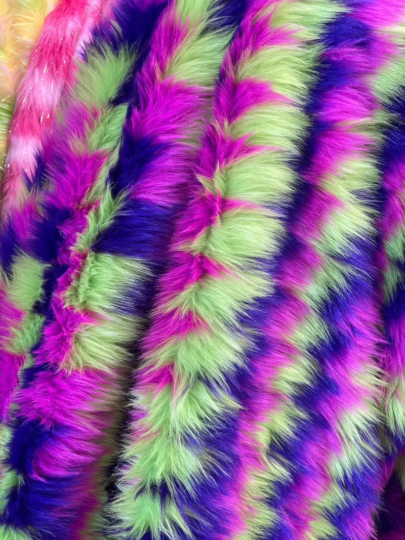 60" Zig Zag Faux Fur - Lime Green / Purple / Hot Pink - Three Tone Soft Faux Fur Fabric By Yard