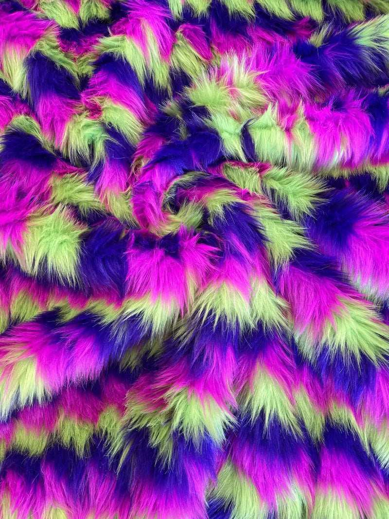 60" Zig Zag Faux Fur - Lime Green / Purple / Hot Pink - Three Tone Soft Faux Fur Fabric By Yard