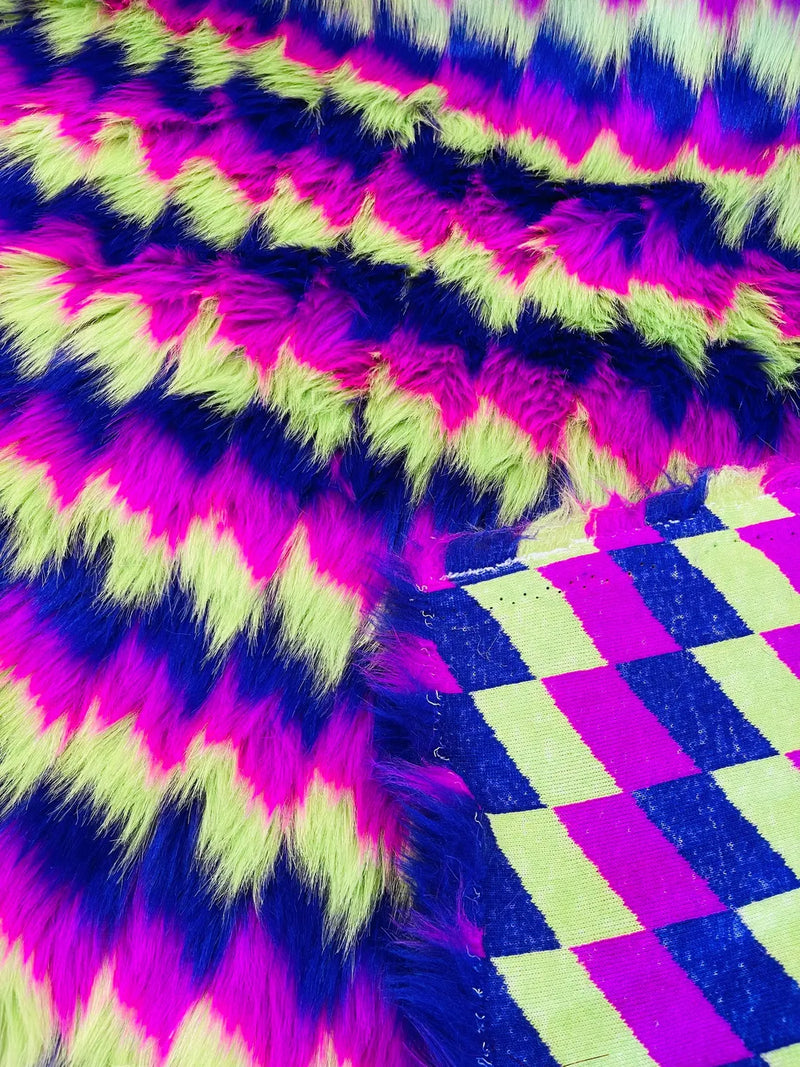 60" Zig Zag Faux Fur - Lime Green / Purple / Hot Pink - Three Tone Soft Faux Fur Fabric By Yard