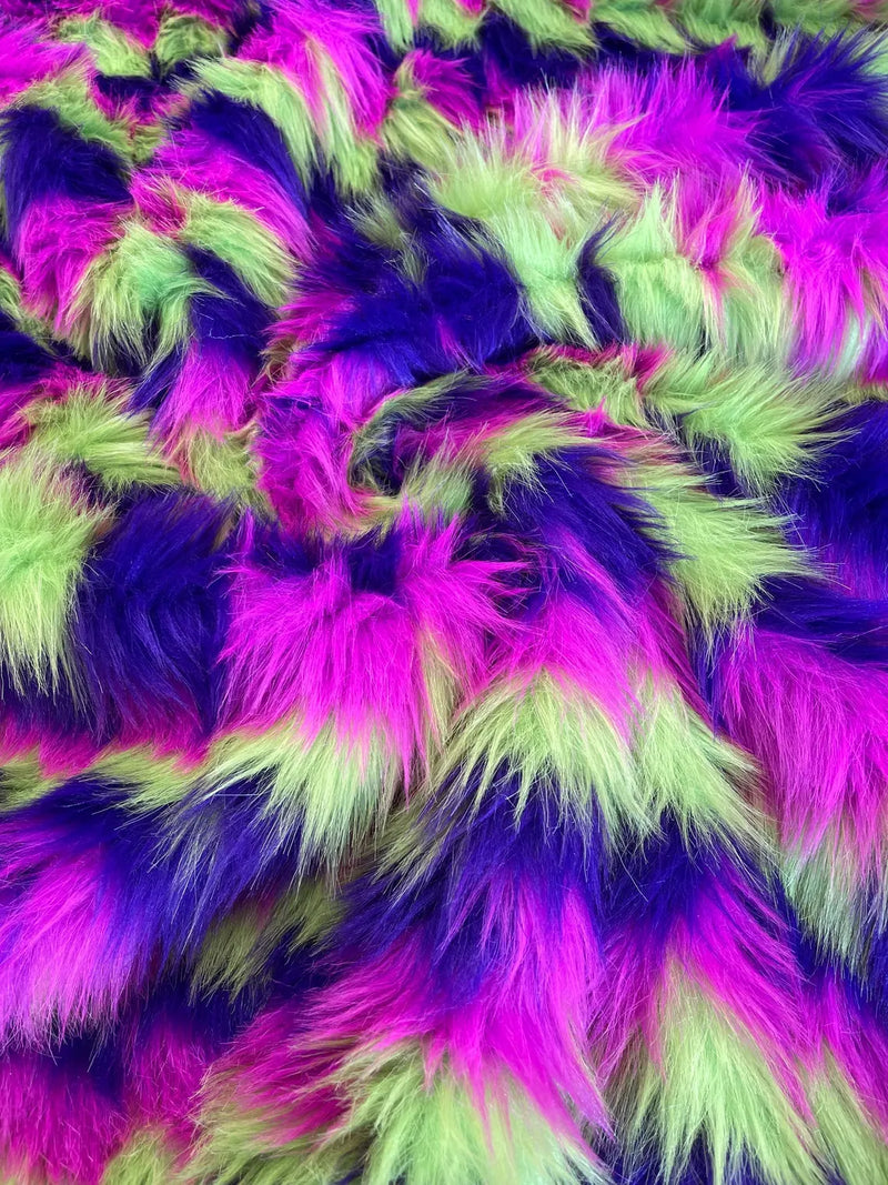 60" Zig Zag Faux Fur - Lime Green / Purple / Hot Pink - Three Tone Soft Faux Fur Fabric By Yard