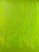 Angel Wings Sequins Fabric - Lime Iridescent - 4 Way Stretch Feather Wings Sequins Design By Yard