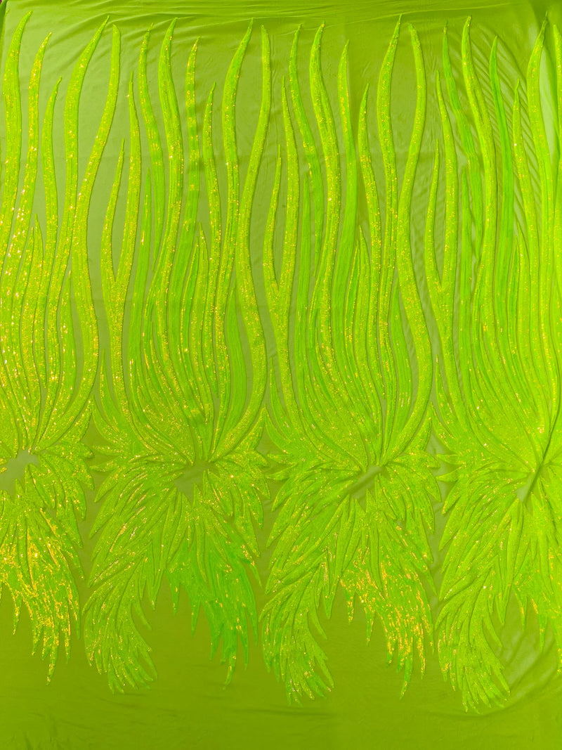 Angel Wings Sequins Fabric - Lime Iridescent - 4 Way Stretch Feather Wings Sequins Design By Yard