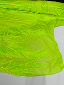 Angel Wings Sequins Fabric - Lime Iridescent - 4 Way Stretch Feather Wings Sequins Design By Yard
