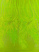 Angel Wings Sequins Fabric - Lime Iridescent - 4 Way Stretch Feather Wings Sequins Design By Yard