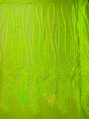 Angel Wings Sequins Fabric - Lime Iridescent - 4 Way Stretch Feather Wings Sequins Design By Yard