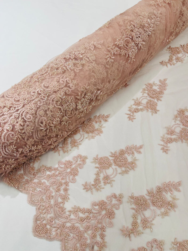 Floral Cluster Beaded Fabric - Light Pink - Embroidered Flower Beaded Fabric Sold By Yard