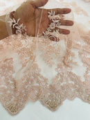 Floral Cluster Beaded Fabric - Light Pink - Embroidered Flower Beaded Fabric Sold By Yard