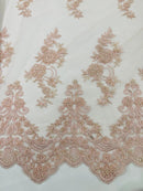 Floral Cluster Beaded Fabric - Light Pink - Embroidered Flower Beaded Fabric Sold By Yard