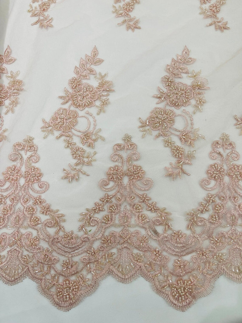 Floral Cluster Beaded Fabric - Light Pink - Embroidered Flower Beaded Fabric Sold By Yard