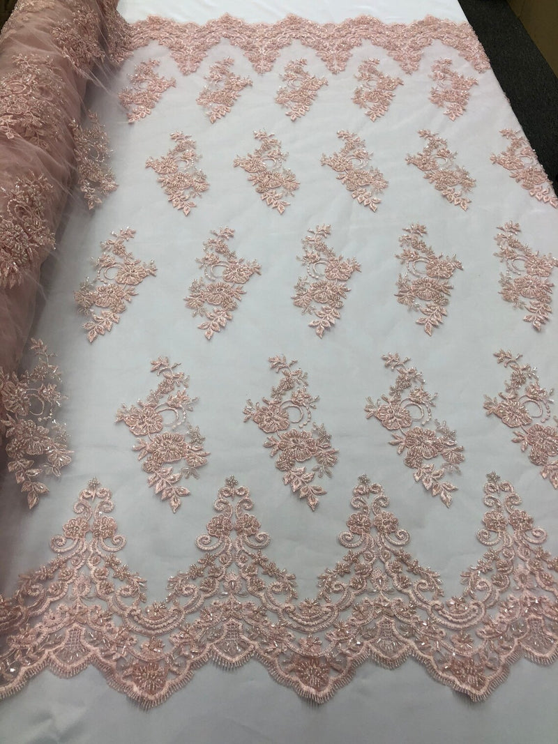 Floral Cluster Beaded Fabric - Light Pink - Embroidered Flower Beaded Fabric Sold By Yard