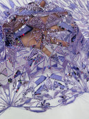 Lavender Beaded Fabric By The Yard, Luxury Geometric Design Beads and Sequins