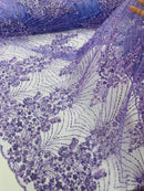 Lilac Luxury Beaded Fabric By The Yard, Luxury Geometric Design Beads and Sequins Mesh