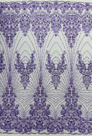 Lilac Luxury Beaded Fabric By The Yard, Luxury Geometric Design Beads and Sequins Mesh