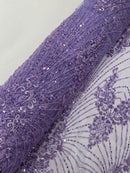 Lilac Luxury Beaded Fabric By The Yard, Luxury Geometric Design Beads and Sequins Mesh