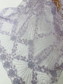 Lilac Beaded Geometric Pattern Beaded Fabric by the yard, Embroidery Beaded Lace Fabric