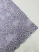 Lilac Beaded Geometric Pattern Beaded Fabric by the yard, Embroidery Beaded Lace Fabric