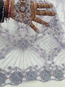 Lilac Beaded Geometric Pattern Beaded Fabric by the yard, Embroidery Beaded Lace Fabric