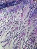 Lilac Floral Design Beads & Sequins, Lace Beaded Floral & Leaf Embroidered Lace