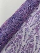 Lilac Floral Design Beads & Sequins, Lace Beaded Floral & Leaf Embroidered Lace